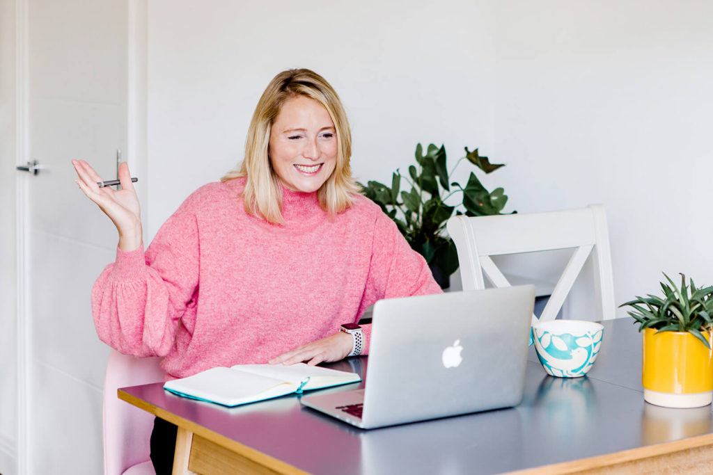business coach, zoom call, gesturing, laptop, Hampshire Personal Brand photographer
